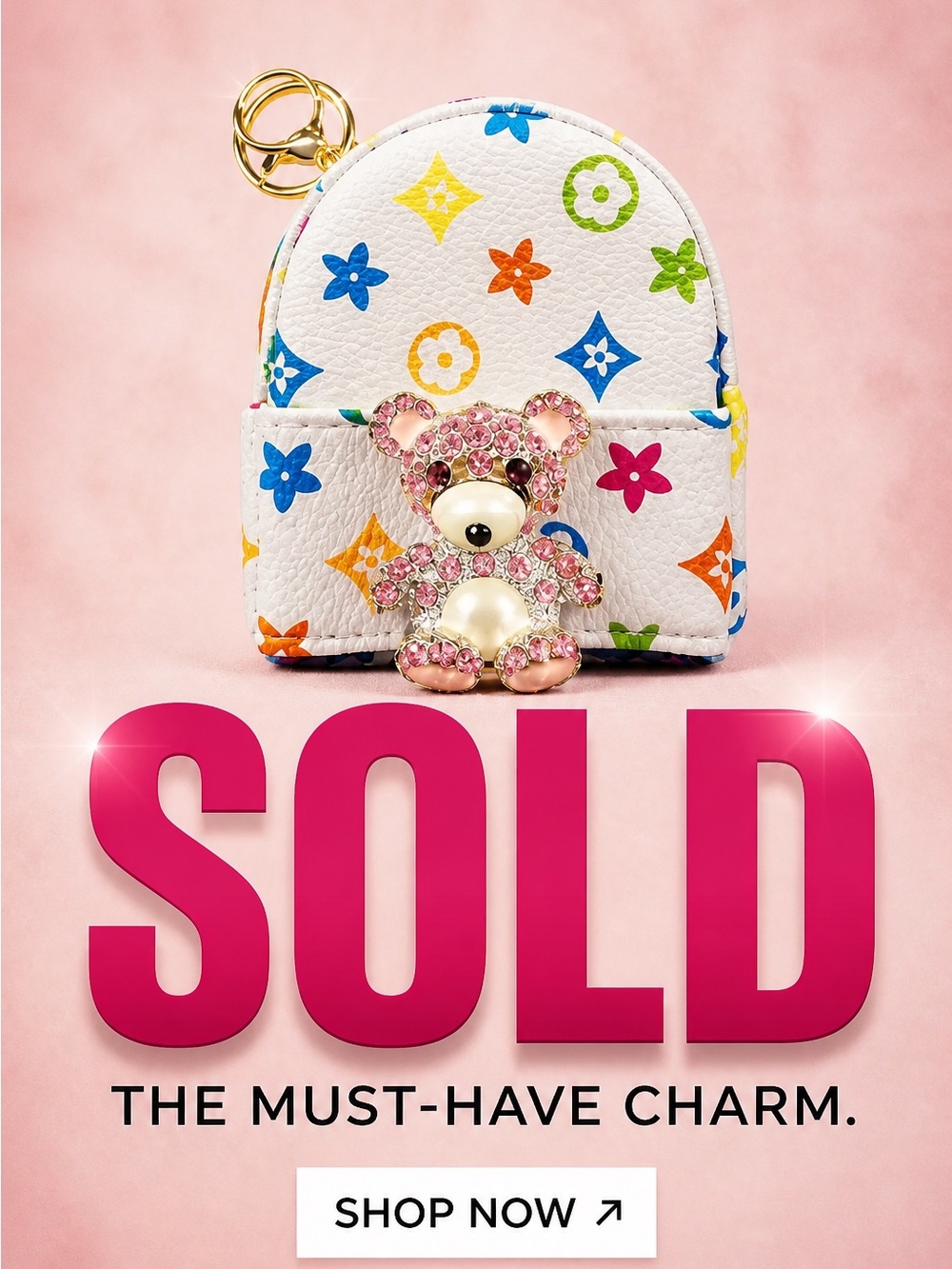 Multicolor Mini Backpack Charm with Pink Teddy Accent